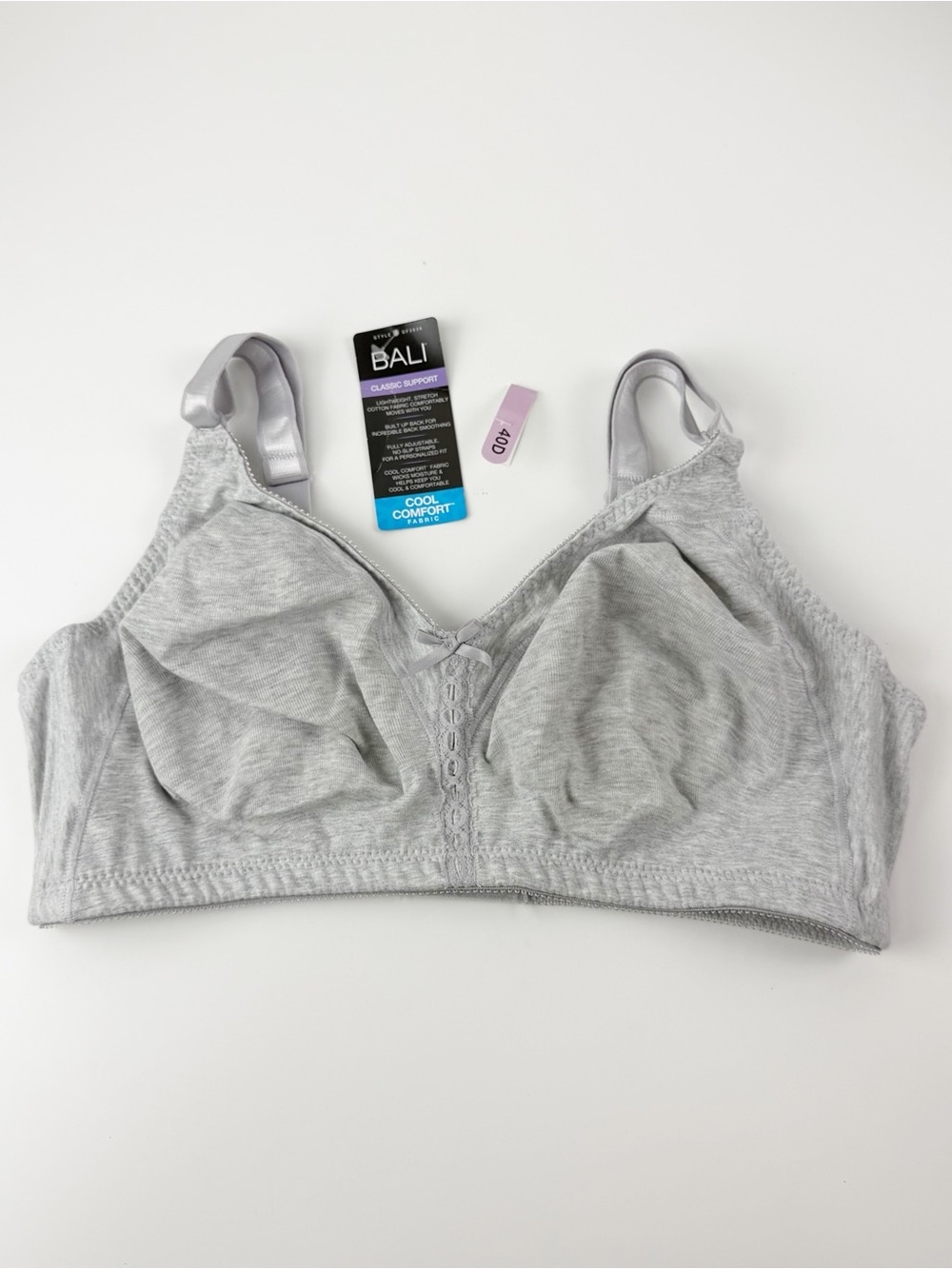 Bali Bra 40D Gray Double Support Cotton Wireless Cool Comfort NWT 3036